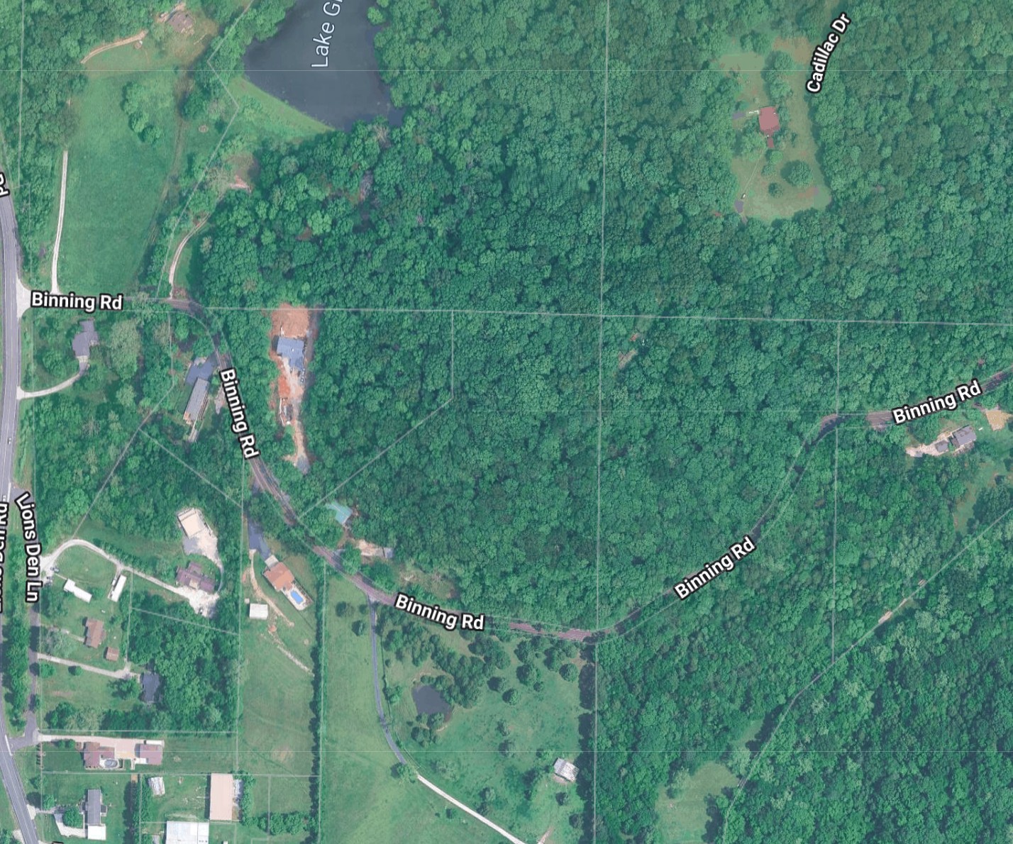 Aerial map showing the wooded Binning Road area around the property